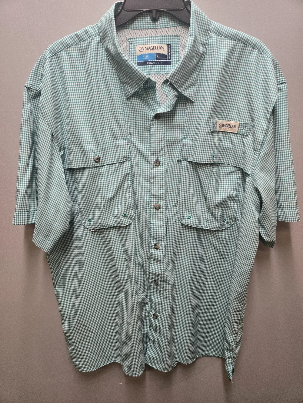 Magellan Fish Gear Mens Large Short Sleeve Button Down Shirt Green White